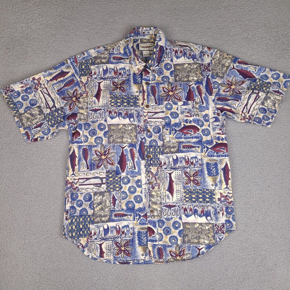 Vintage Straight Down Hawaiian Shirt Mens Large Blue Button‎ Up USA Made Fish